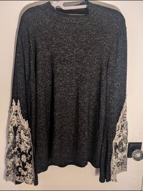 Black Marled Top with Ivory Lace Bell Sleeves